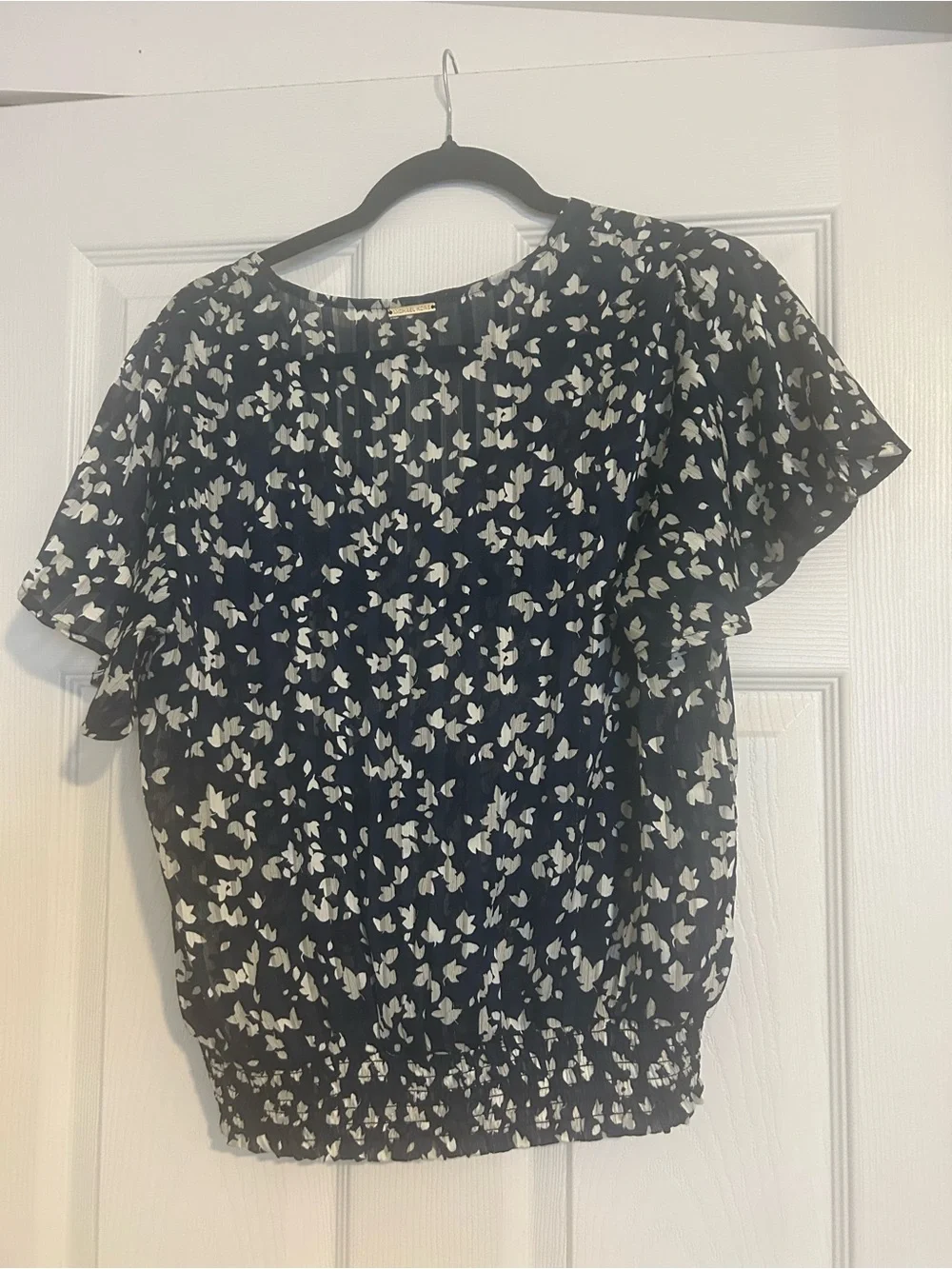 Michael Kors Navy Blue Short-Sleeve Flutter Blouse with White Petal Print
